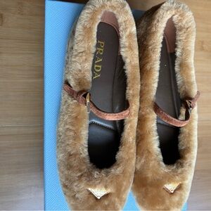Prada Tan Faux Fur Mary Jane Flats with Gold Logo